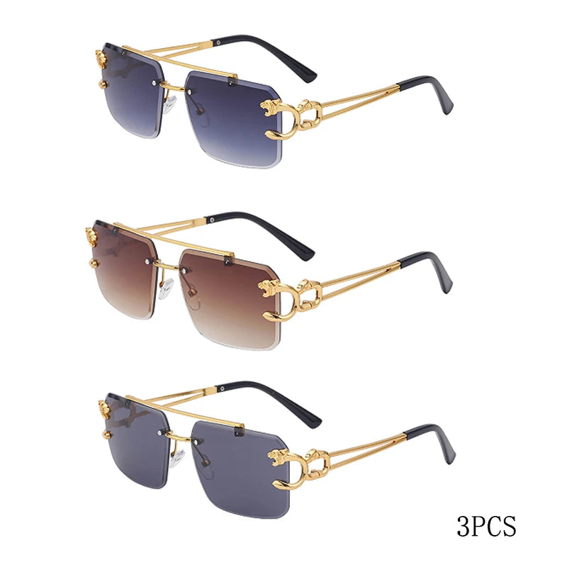 Óculos de Sol Fashion Metal Leopard sem Aro com Ponte Dupla, Lentes Degradê Ocean Film e Proteção UV400