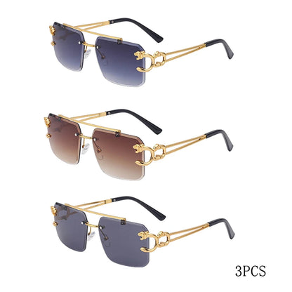 Óculos de Sol Fashion Metal Leopard sem Aro com Ponte Dupla, Lentes Degradê Ocean Film e Proteção UV400