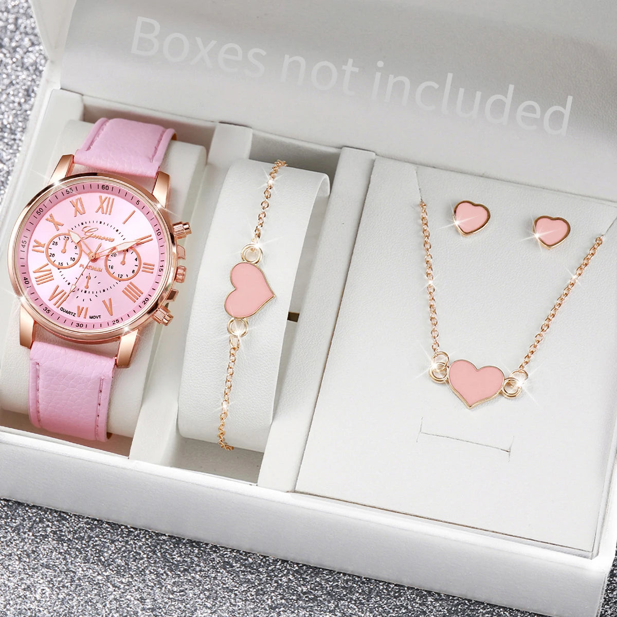 Conjunto de 5/6 Relógios de Pulso Analógicos Femininos de Quartzo com Pulseira de Couro e Detalhe de Coração com Strass (Sem Caixa)