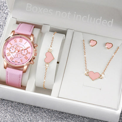 Conjunto de 5/6 Relógios de Pulso Analógicos Femininos de Quartzo com Pulseira de Couro e Detalhe de Coração com Strass (Sem Caixa)