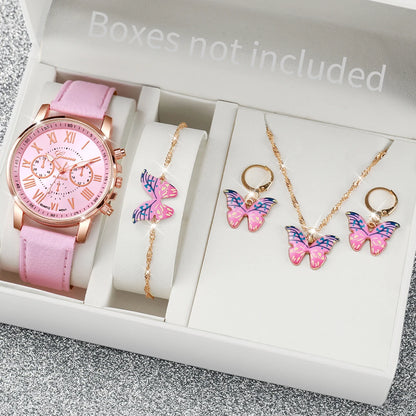 Conjunto de 5/6 Relógios de Pulso Analógicos Femininos de Quartzo com Pulseira de Couro e Detalhe de Coração com Strass (Sem Caixa)