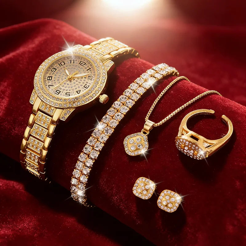 Relógio de pulso feminino de luxo em ouro, elegante e moderno, com quartzo e diamantes. Conjunto de relógios femininos com pulseira.
