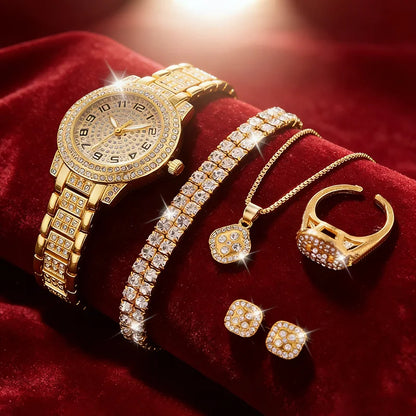 Relógio de pulso feminino de luxo em ouro, elegante e moderno, com quartzo e diamantes. Conjunto de relógios femininos com pulseira.