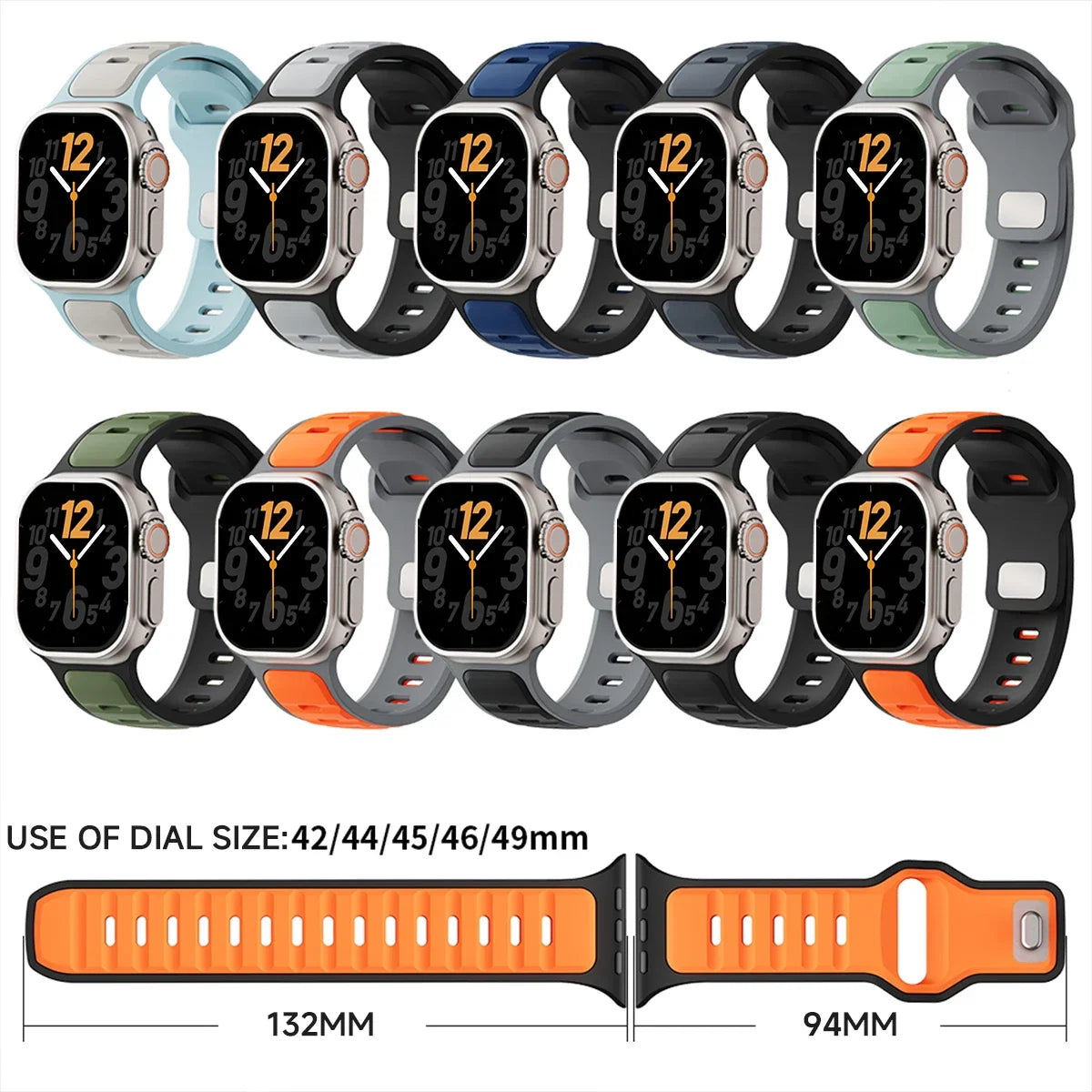 Pulseira esportiva de silicone para Apple Watch Series 11, 10, 9, 8, 7, 6, 5, 4, SE3, Ultra 1 e 2, nos tamanhos 49 mm, 46 mm, 45 mm, 44 mm, 42 mm, 41 mm e 40 mm.