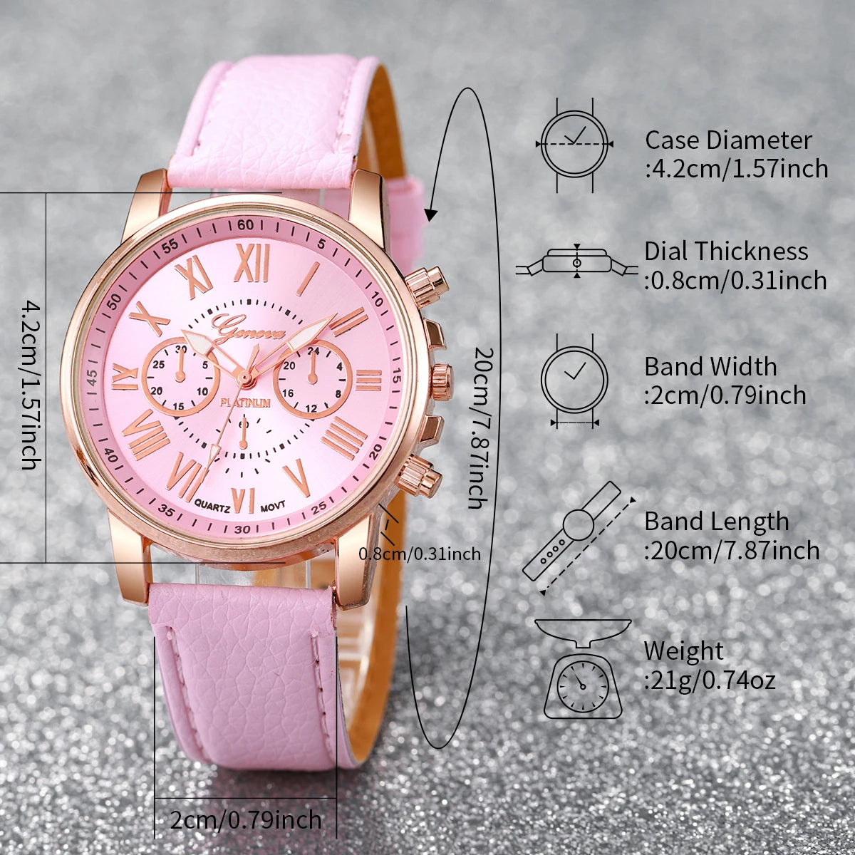Conjunto de 5/6 Relógios de Pulso Analógicos Femininos de Quartzo com Pulseira de Couro e Detalhe de Coração com Strass (Sem Caixa)