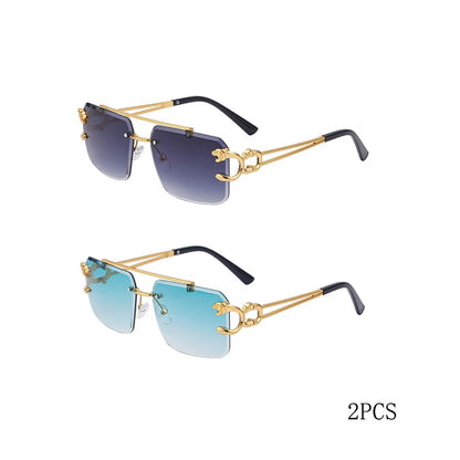 Óculos de Sol Fashion Metal Leopard sem Aro com Ponte Dupla, Lentes Degradê Ocean Film e Proteção UV400