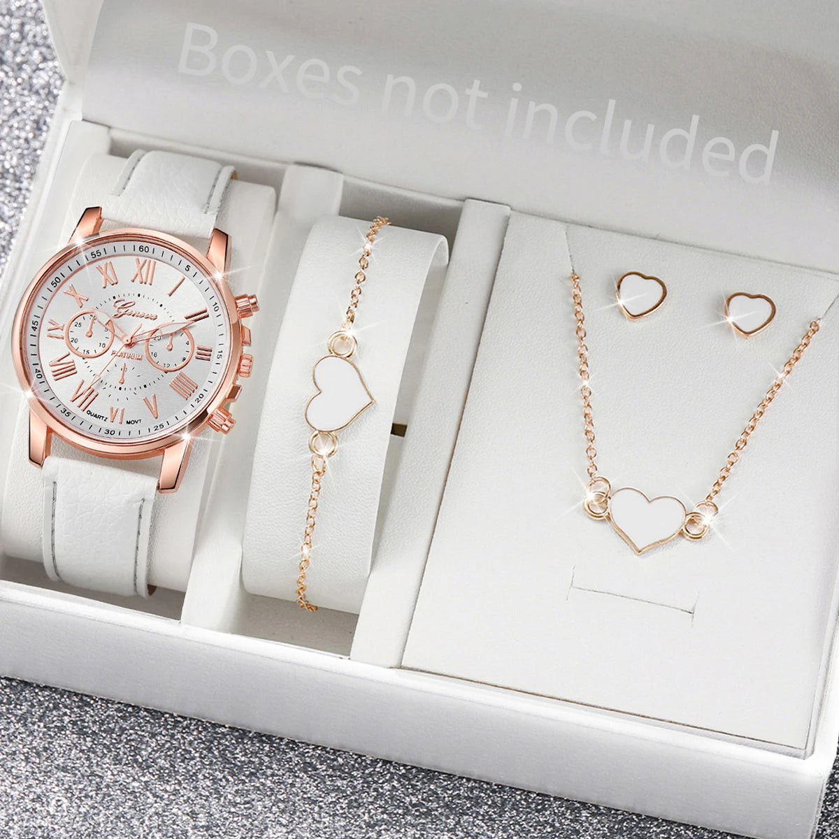 Conjunto de 5/6 Relógios de Pulso Analógicos Femininos de Quartzo com Pulseira de Couro e Detalhe de Coração com Strass (Sem Caixa)