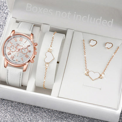 Conjunto de 5/6 Relógios de Pulso Analógicos Femininos de Quartzo com Pulseira de Couro e Detalhe de Coração com Strass (Sem Caixa)
