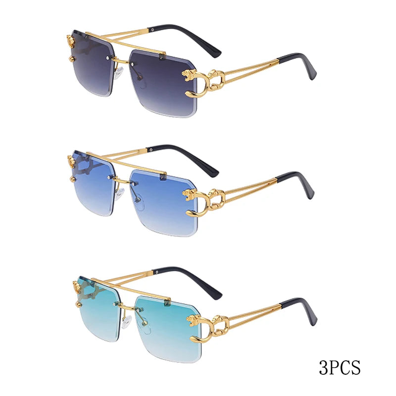 Óculos de Sol Fashion Metal Leopard sem Aro com Ponte Dupla, Lentes Degradê Ocean Film e Proteção UV400