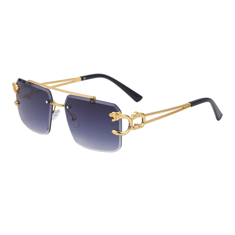 Óculos de Sol Fashion Metal Leopard sem Aro com Ponte Dupla, Lentes Degradê Ocean Film e Proteção UV400