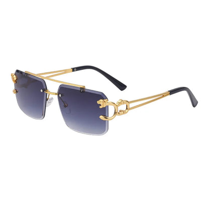 Óculos de Sol Fashion Metal Leopard sem Aro com Ponte Dupla, Lentes Degradê Ocean Film e Proteção UV400