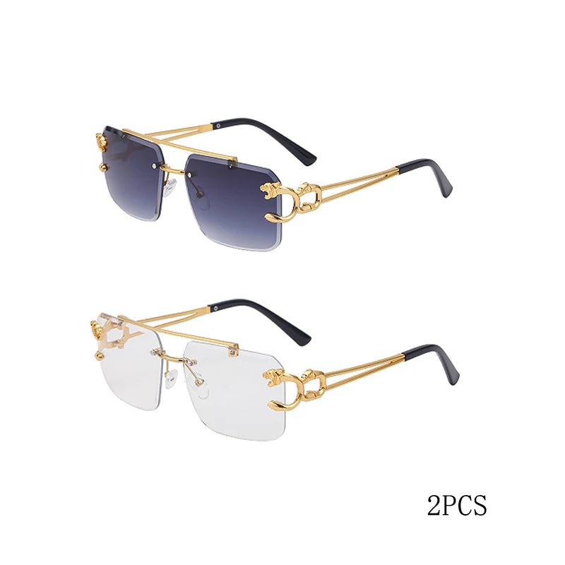 Óculos de Sol Fashion Metal Leopard sem Aro com Ponte Dupla, Lentes Degradê Ocean Film e Proteção UV400