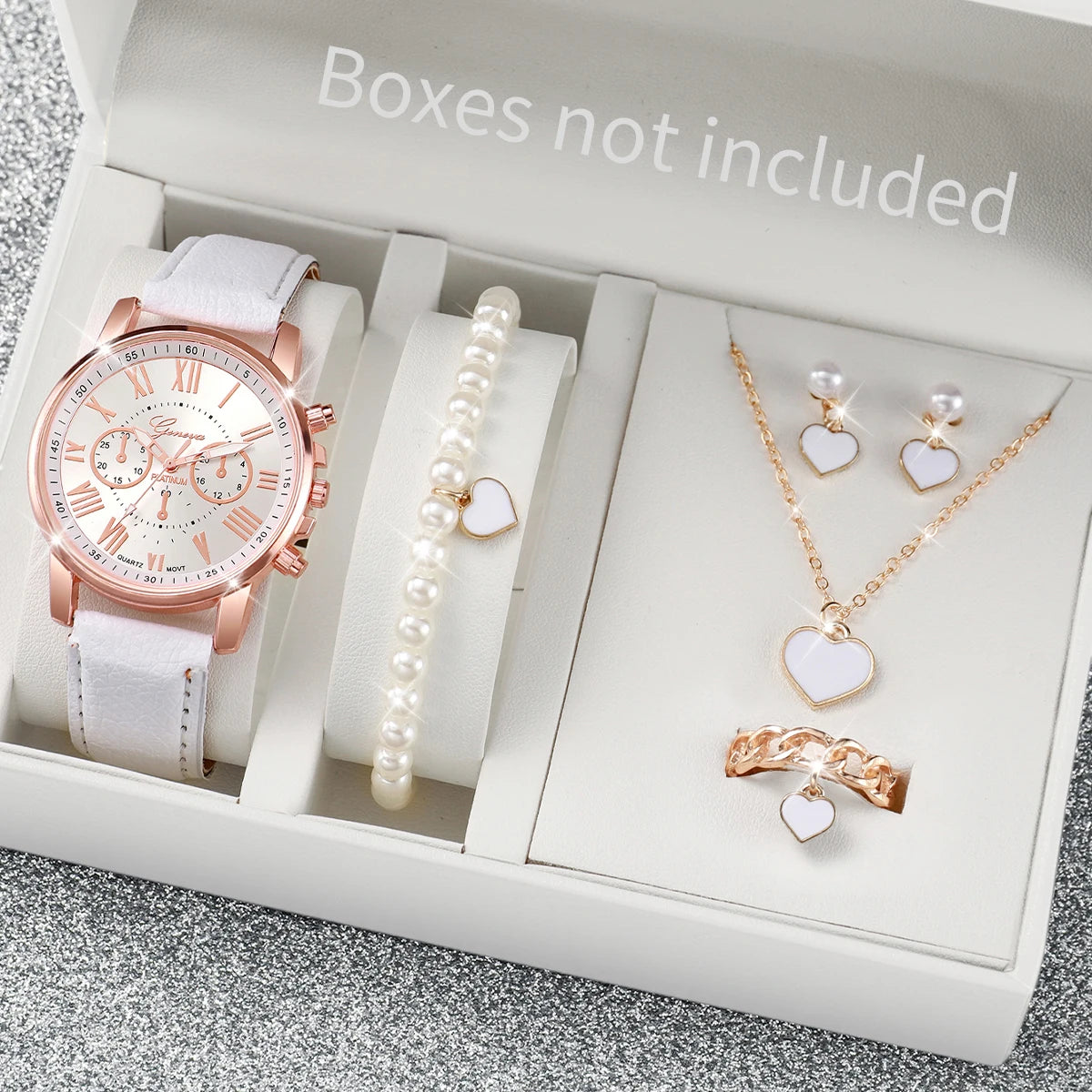 Conjunto de 5/6 Relógios de Pulso Analógicos Femininos de Quartzo com Pulseira de Couro e Detalhe de Coração com Strass (Sem Caixa)