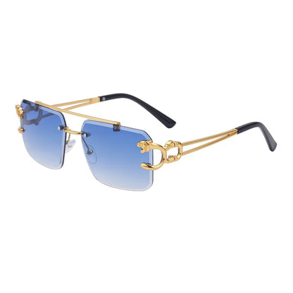 Óculos de Sol Fashion Metal Leopard sem Aro com Ponte Dupla, Lentes Degradê Ocean Film e Proteção UV400