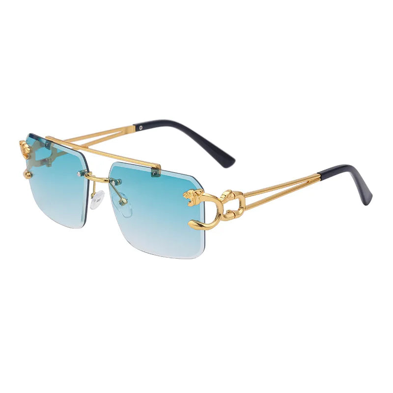 Óculos de Sol Fashion Metal Leopard sem Aro com Ponte Dupla, Lentes Degradê Ocean Film e Proteção UV400
