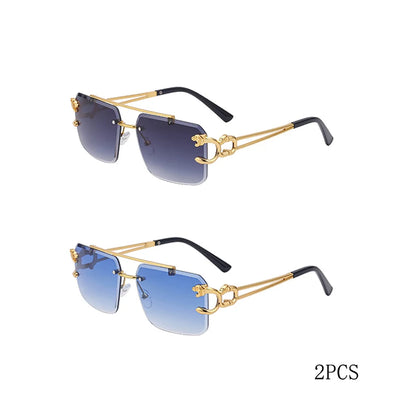 Óculos de Sol Fashion Metal Leopard sem Aro com Ponte Dupla, Lentes Degradê Ocean Film e Proteção UV400