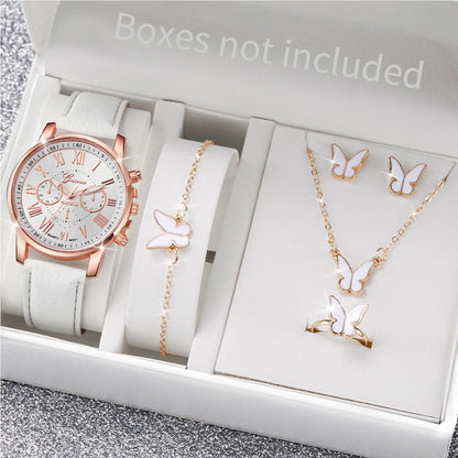 Conjunto de 5/6 Relógios de Pulso Analógicos Femininos de Quartzo com Pulseira de Couro e Detalhe de Coração com Strass (Sem Caixa)