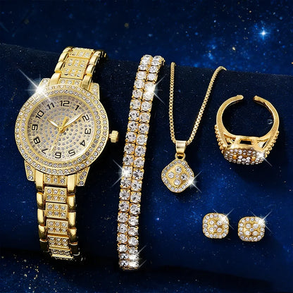 Relógio de pulso feminino de luxo em ouro, elegante e moderno, com quartzo e diamantes. Conjunto de relógios femininos com pulseira.
