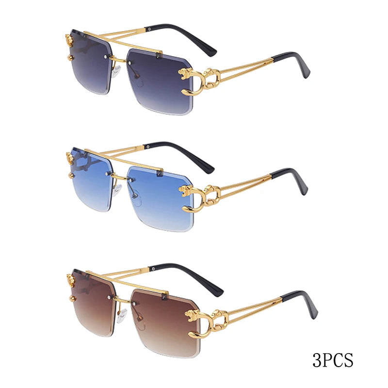 Óculos de Sol Fashion Metal Leopard sem Aro com Ponte Dupla, Lentes Degradê Ocean Film e Proteção UV400
