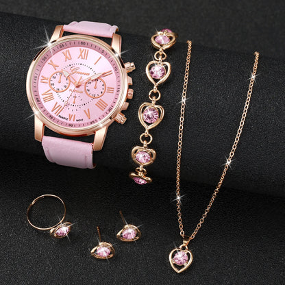 Conjunto de 5/6 Relógios de Pulso Analógicos Femininos de Quartzo com Pulseira de Couro e Detalhe de Coração com Strass (Sem Caixa)