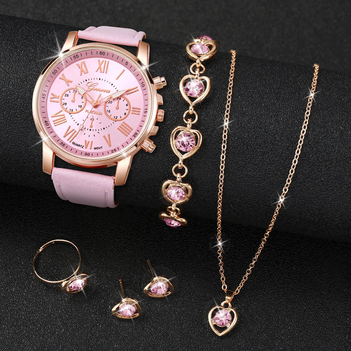 Conjunto de 5/6 Relógios de Pulso Analógicos Femininos de Quartzo com Pulseira de Couro e Detalhe de Coração com Strass (Sem Caixa)