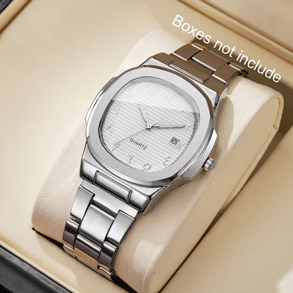 Luxury Men Business Watches Fashion Square Dial Stainless Steel Strap Quartz Watch with Calendar For Mens Clock（Without Box）