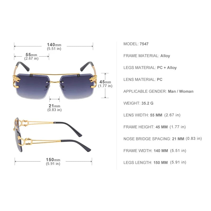 Óculos de Sol Fashion Metal Leopard sem Aro com Ponte Dupla, Lentes Degradê Ocean Film e Proteção UV400