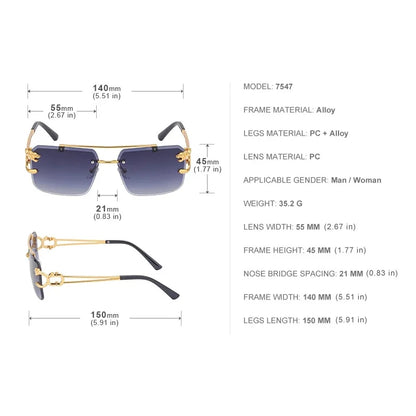 Óculos de Sol Fashion Metal Leopard sem Aro com Ponte Dupla, Lentes Degradê Ocean Film e Proteção UV400