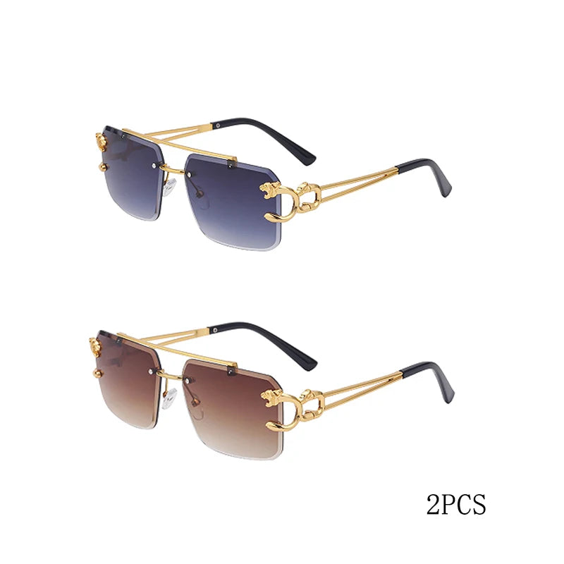 Óculos de Sol Fashion Metal Leopard sem Aro com Ponte Dupla, Lentes Degradê Ocean Film e Proteção UV400