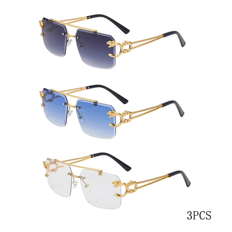 Óculos de Sol Fashion Metal Leopard sem Aro com Ponte Dupla, Lentes Degradê Ocean Film e Proteção UV400