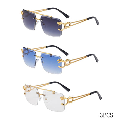 Óculos de Sol Fashion Metal Leopard sem Aro com Ponte Dupla, Lentes Degradê Ocean Film e Proteção UV400