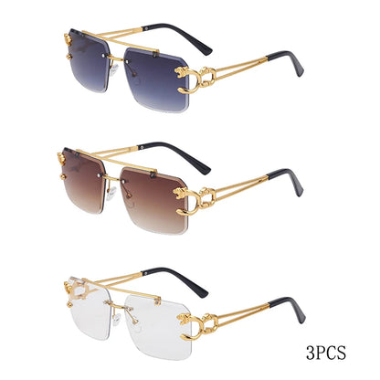 Óculos de Sol Fashion Metal Leopard sem Aro com Ponte Dupla, Lentes Degradê Ocean Film e Proteção UV400