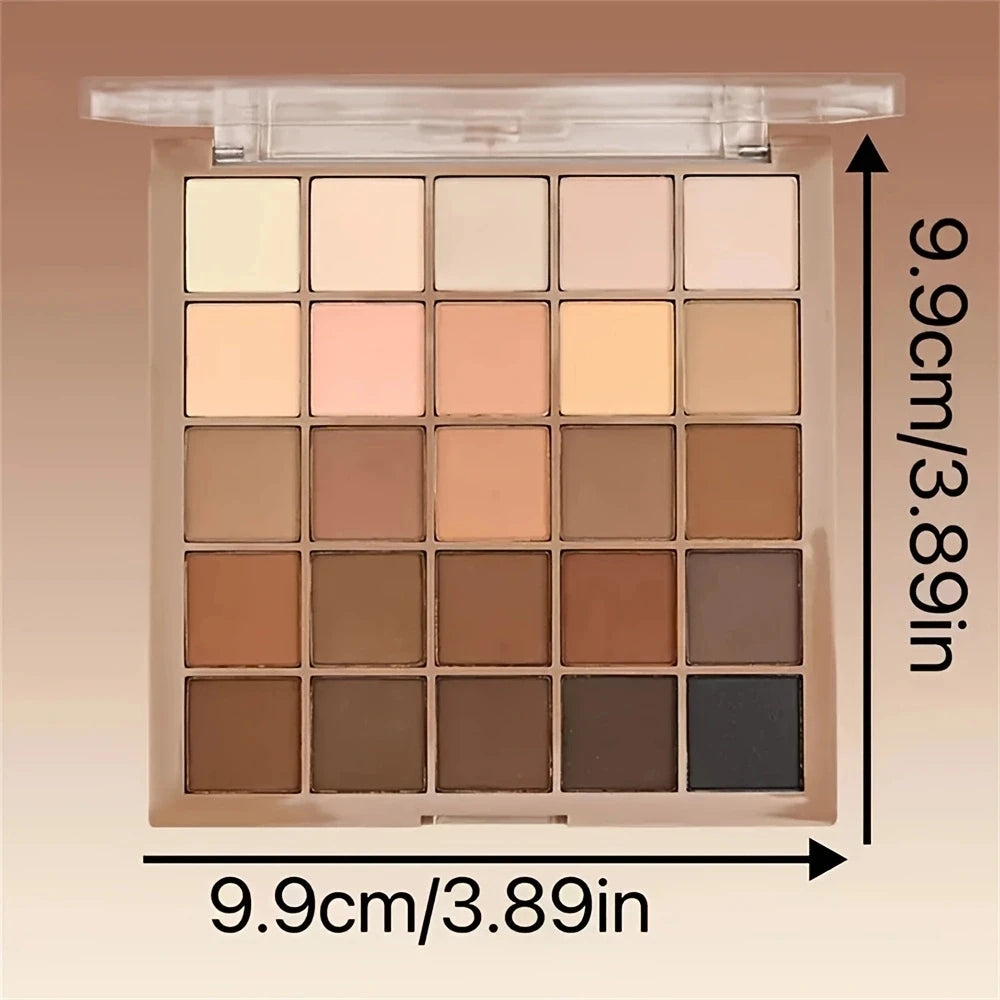 Paleta de Sombras com 25 Cores - Tons neutros de cinza e marrom terrosos, além de tons de café e chocolate, para criar uma maquiagem versátil, de natural a dramática.