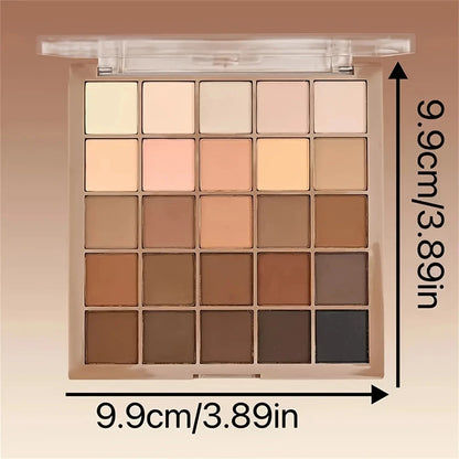 Paleta de Sombras com 25 Cores - Tons neutros de cinza e marrom terrosos, além de tons de café e chocolate, para criar uma maquiagem versátil, de natural a dramática.