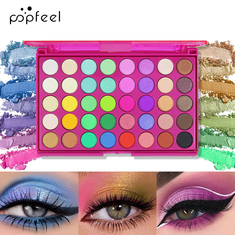 Paleta de Sombras POPFEEL com 40 Cores em Tons Terrosos e Arco-Íris - Longa Duração, Alta Pigmentação, Acabamento Matte Suave e Brilhante