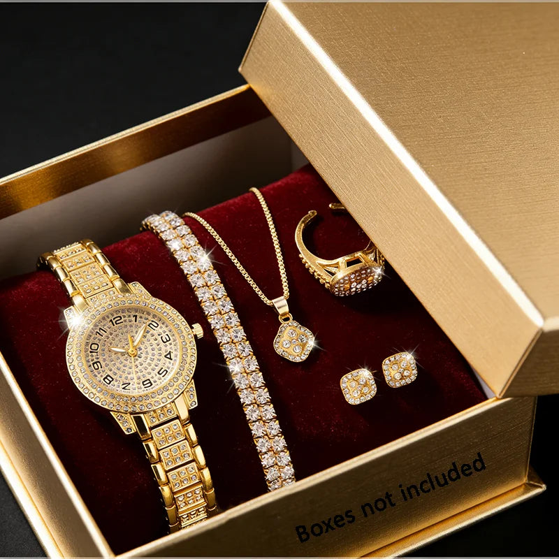 Relógio de pulso feminino de luxo em ouro, elegante e moderno, com quartzo e diamantes. Conjunto de relógios femininos com pulseira.