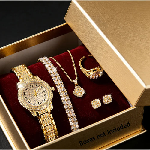 Relógio de pulso feminino de luxo em ouro, elegante e moderno, com quartzo e diamantes. Conjunto de relógios femininos com pulseira.