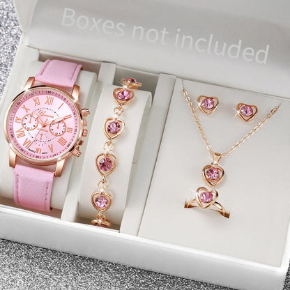 Conjunto de 5/6 Relógios de Pulso Analógicos Femininos de Quartzo com Pulseira de Couro e Detalhe de Coração com Strass (Sem Caixa)