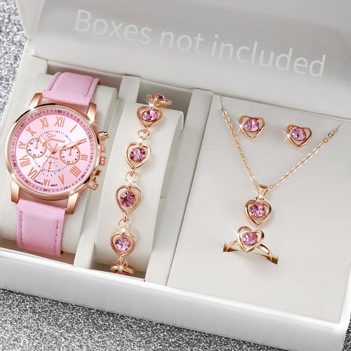 Conjunto de 5/6 Relógios de Pulso Analógicos Femininos de Quartzo com Pulseira de Couro e Detalhe de Coração com Strass (Sem Caixa)
