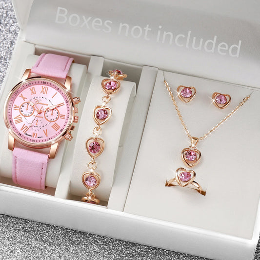 Conjunto de 5/6 Relógios de Pulso Analógicos Femininos de Quartzo com Pulseira de Couro e Detalhe de Coração com Strass (Sem Caixa)