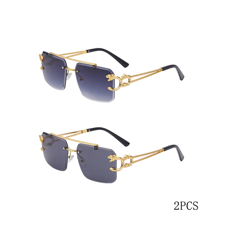 Óculos de Sol Fashion Metal Leopard sem Aro com Ponte Dupla, Lentes Degradê Ocean Film e Proteção UV400
