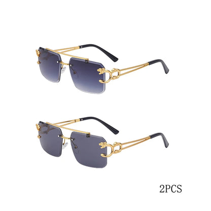 Óculos de Sol Fashion Metal Leopard sem Aro com Ponte Dupla, Lentes Degradê Ocean Film e Proteção UV400