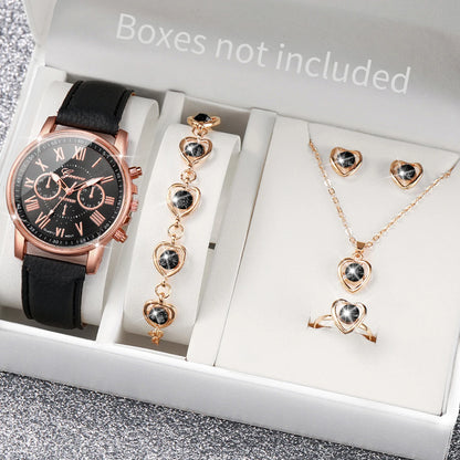 Conjunto de 5/6 Relógios de Pulso Analógicos Femininos de Quartzo com Pulseira de Couro e Detalhe de Coração com Strass (Sem Caixa)