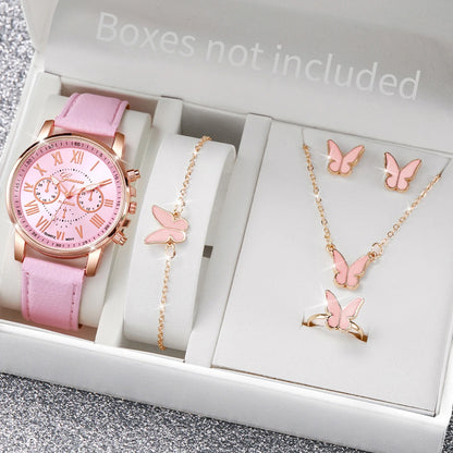 Conjunto de 5/6 Relógios de Pulso Analógicos Femininos de Quartzo com Pulseira de Couro e Detalhe de Coração com Strass (Sem Caixa)
