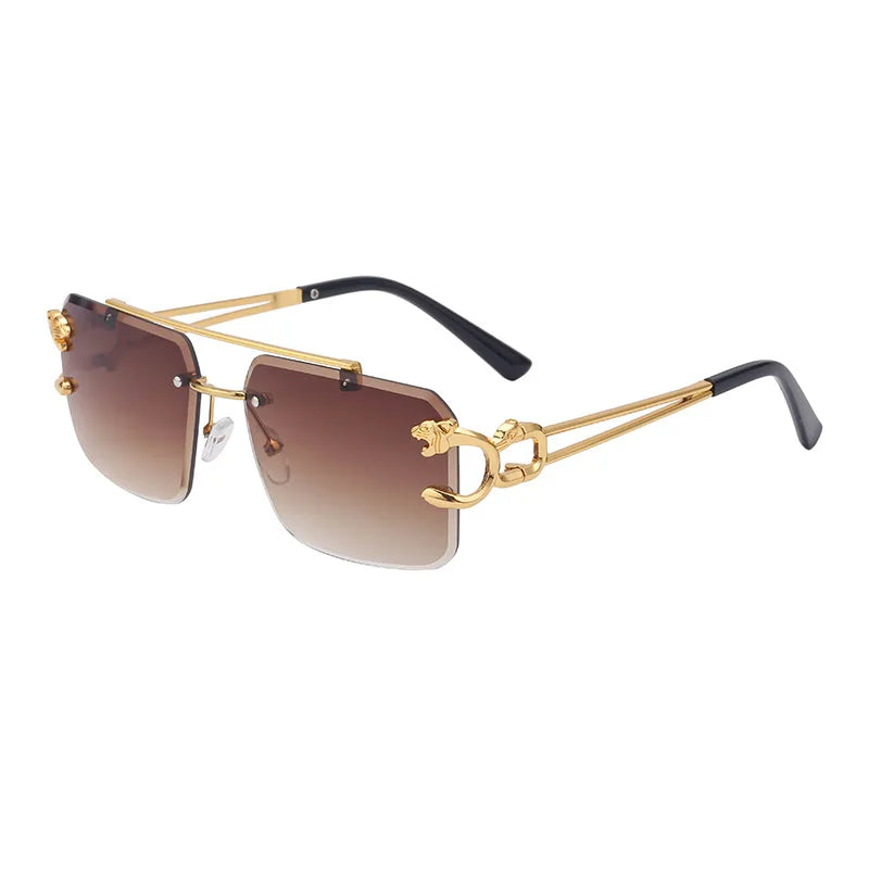 Óculos de Sol Fashion Metal Leopard sem Aro com Ponte Dupla, Lentes Degradê Ocean Film e Proteção UV400