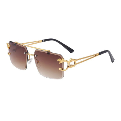 Óculos de Sol Fashion Metal Leopard sem Aro com Ponte Dupla, Lentes Degradê Ocean Film e Proteção UV400