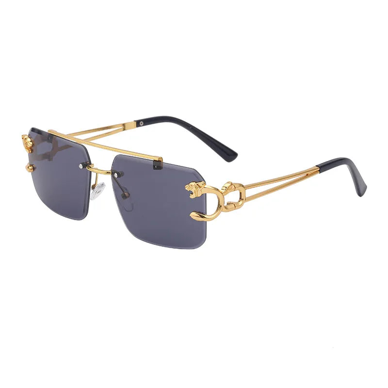 Óculos de Sol Fashion Metal Leopard sem Aro com Ponte Dupla, Lentes Degradê Ocean Film e Proteção UV400