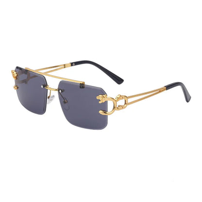 Óculos de Sol Fashion Metal Leopard sem Aro com Ponte Dupla, Lentes Degradê Ocean Film e Proteção UV400