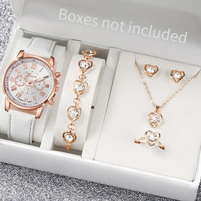 Conjunto de 5/6 Relógios de Pulso Analógicos Femininos de Quartzo com Pulseira de Couro e Detalhe de Coração com Strass (Sem Caixa)