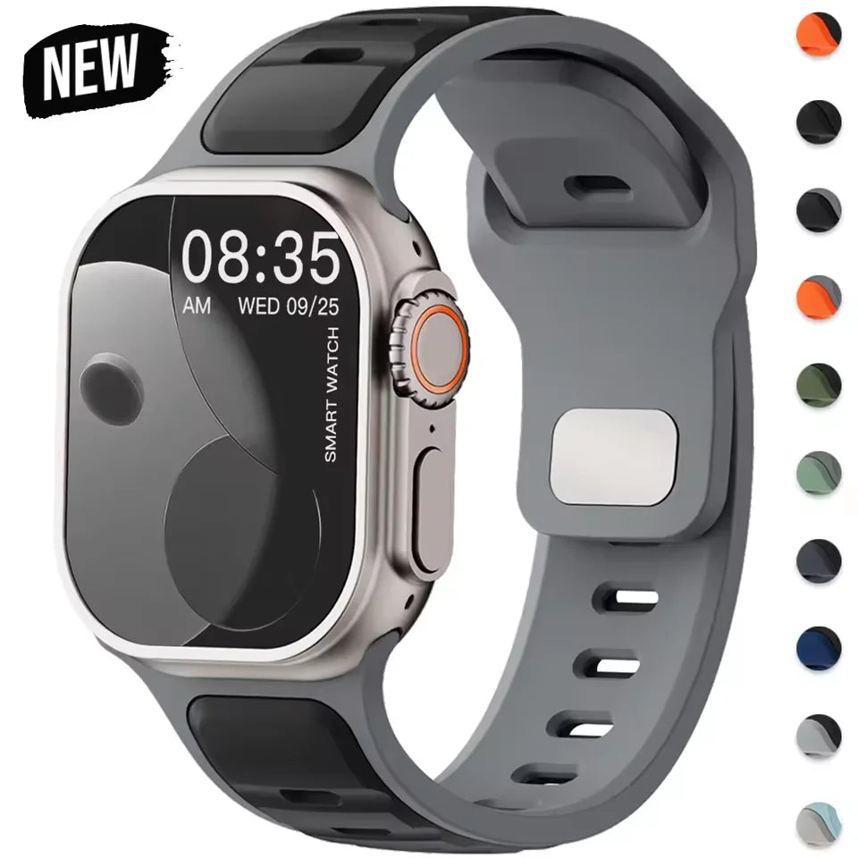 Pulseira esportiva de silicone para Apple Watch Series 11, 10, 9, 8, 7, 6, 5, 4, SE3, Ultra 1 e 2, nos tamanhos 49 mm, 46 mm, 45 mm, 44 mm, 42 mm, 41 mm e 40 mm.